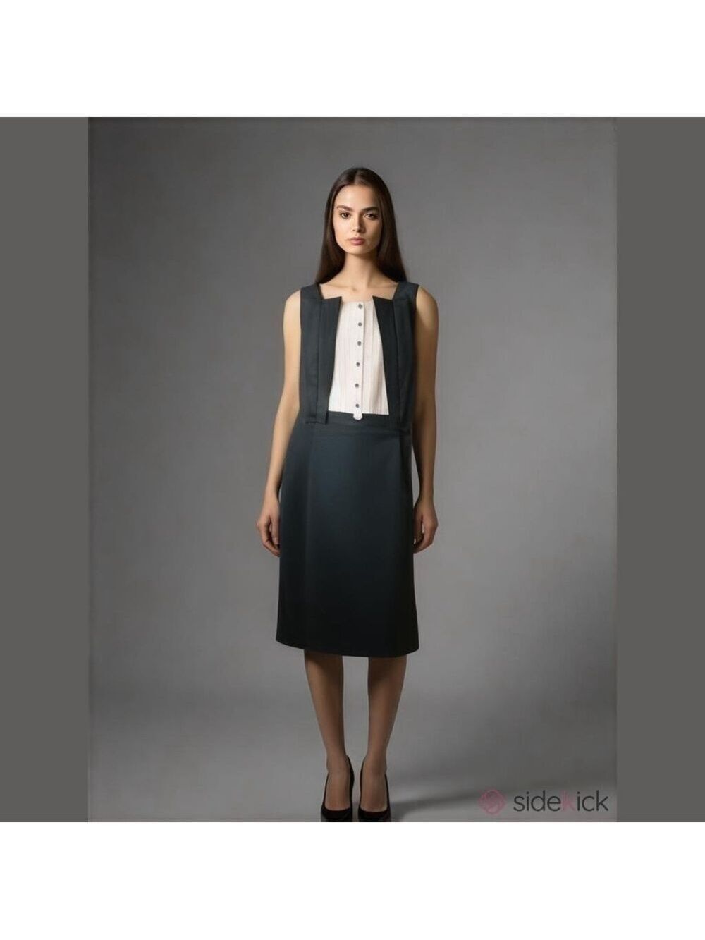 WORTH WOOL BLEND SLEEVELESS BLACK SHIFT DRESS IVORY BODICE PANEL SIZE 6